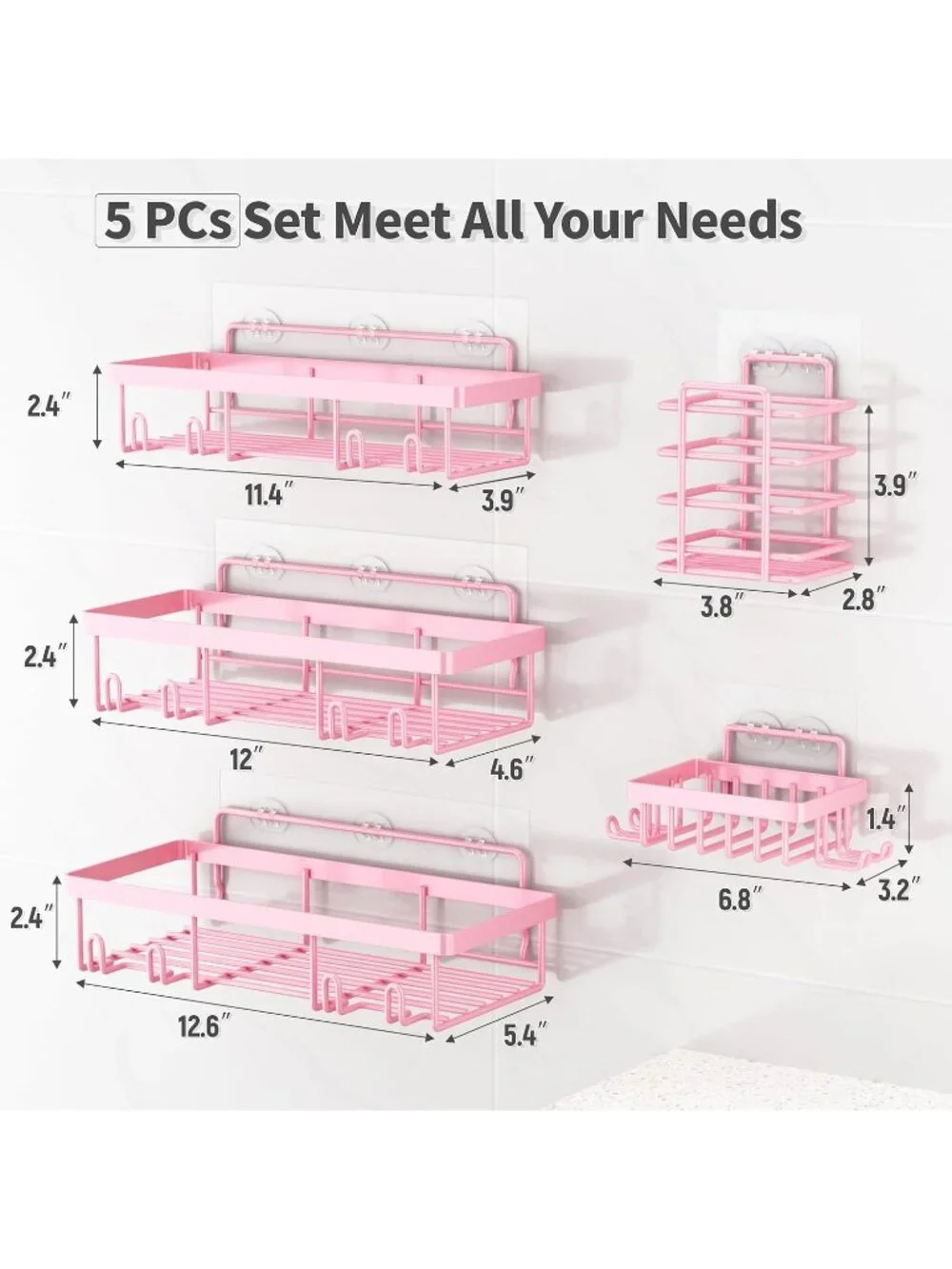 New 5 Pack Pink Adhesive Shower Caddy Organizer Rack Stainless Steel Shelf Set